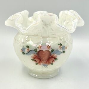 Vintage Fenton Rose Bowl Vase: Handpainted Hearts, Ribbons, Flowers Gift